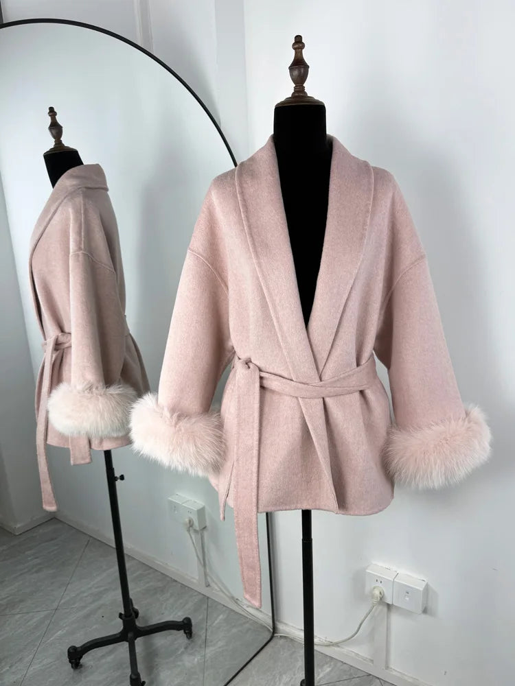 Luxuriöser Fuchsfell-Woll-Wintermantel für Damen – Eleganter doppelseitiger Wollmantel für Frauen,