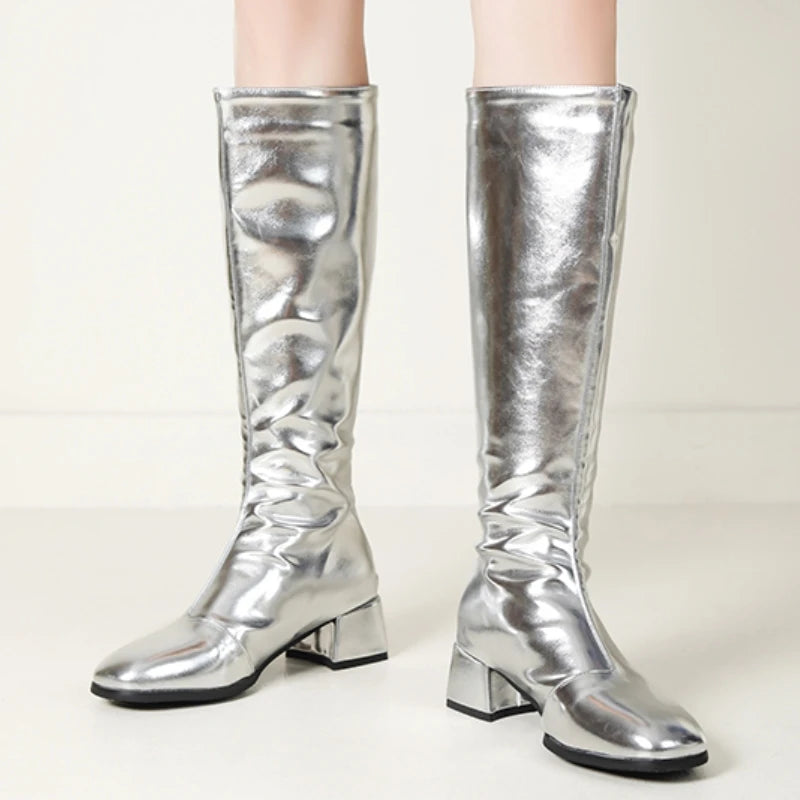 Damen kniehohe Stiefel – Winterstiefel mit niedrigem Absatz