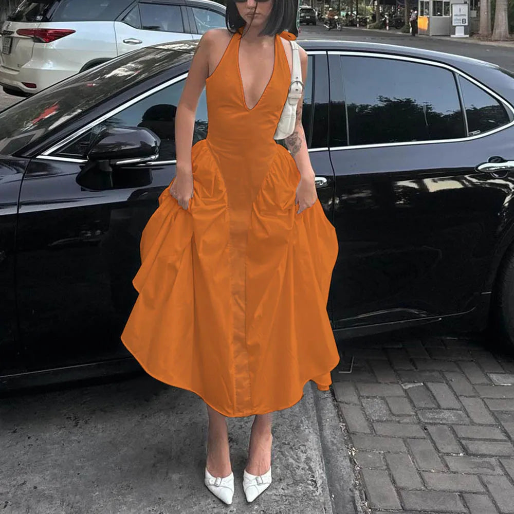 Women’s Sexy Backless Deep V-Neck Maxi Dress – Spliced Halter Sleeveless Dress