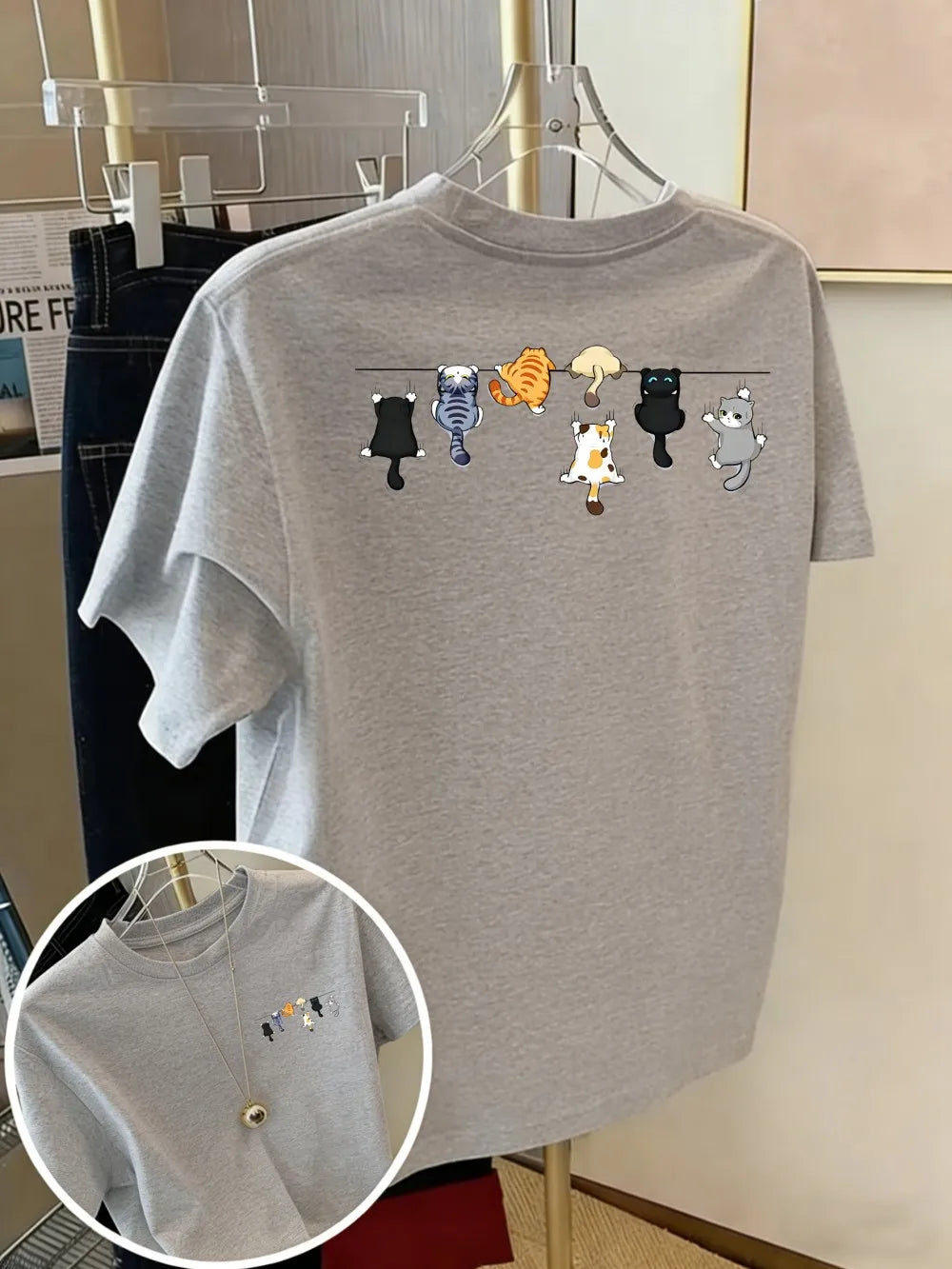 Women's Oversized Cotton Cartoon Cat Print T-Shirt