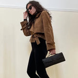 Vintage Wildlederjacke für Damen – Herbstmode Schnür-Mantel Schmale Passform