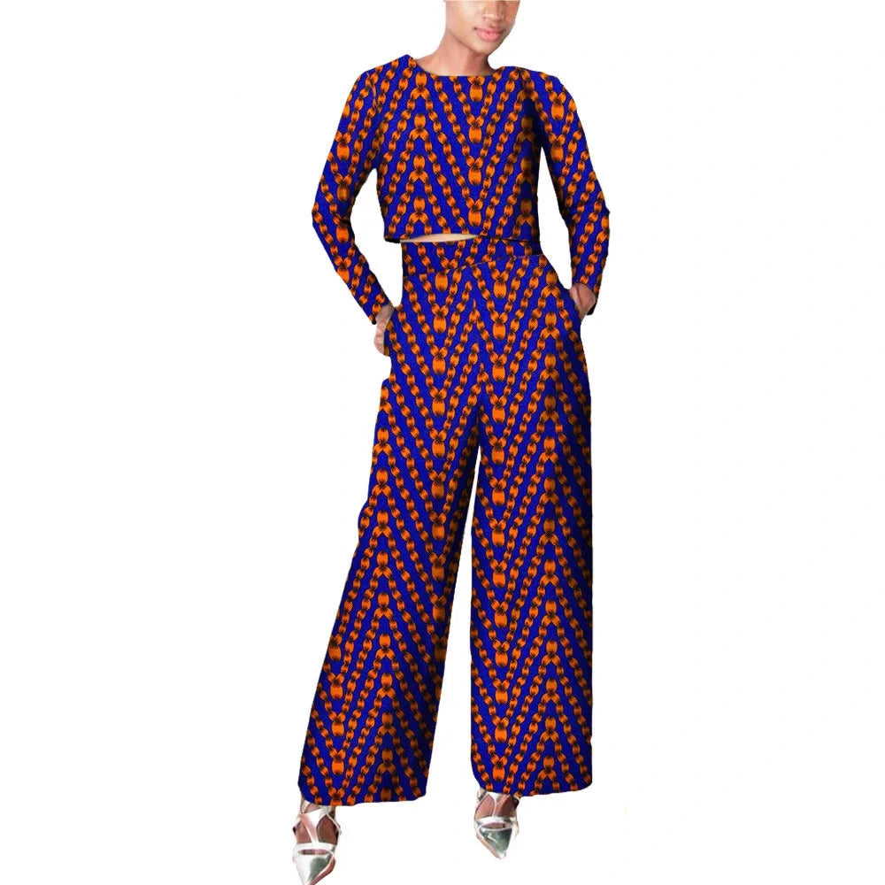Damen Set aus gewachstem Baumwoll-Crop-Top mit langen Ärmeln und Hose mit weitem Bein