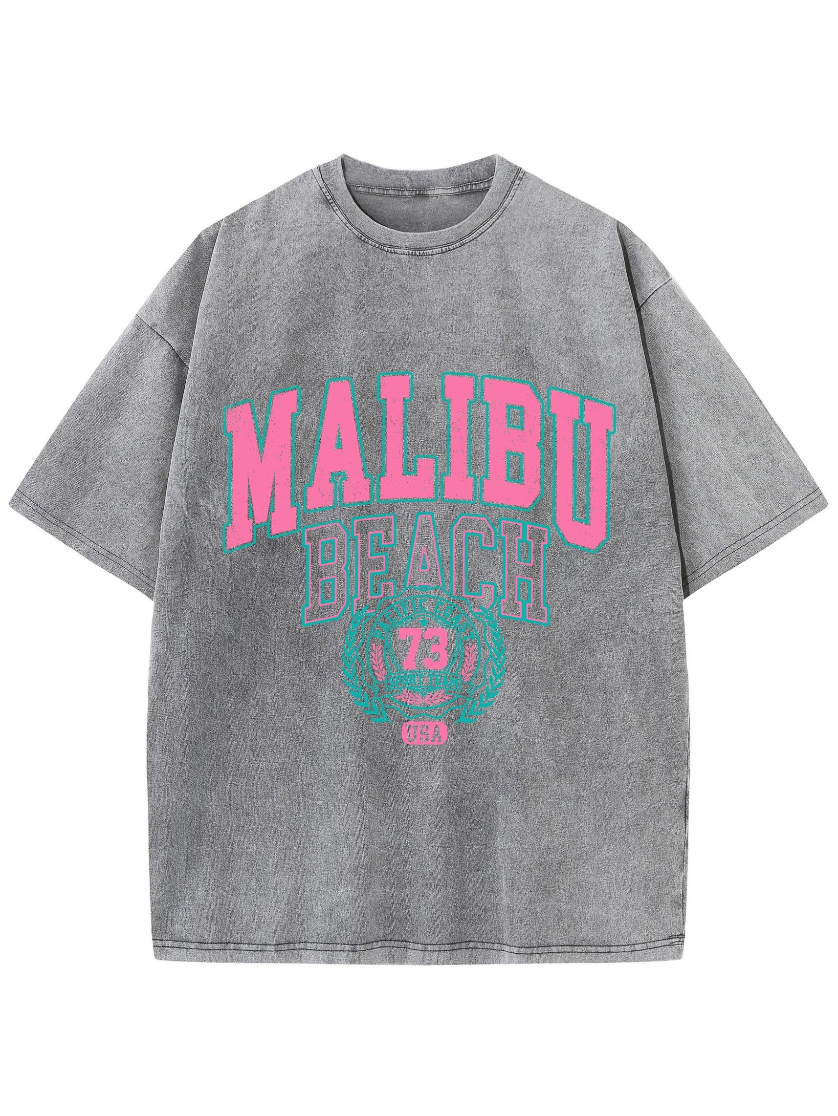 Das Malibu Retro T-Shirt: Sun-Washed Baumwoll-Grafik-T-Shirt mit Vintage-Schriftzug