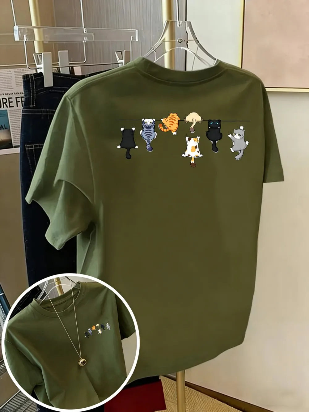 Women's Oversized Cotton Cartoon Cat Print T-Shirt