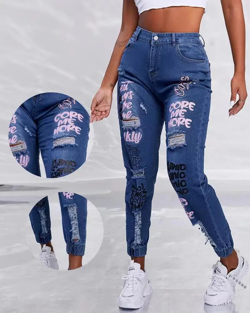 Bedruckte Distressed-Damenjeans – Knöchellange Bleistifthose mit Destroyed-Details, schmal geschnittene High-Waist-Jeans