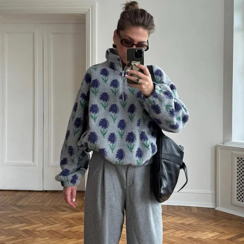 Damen Fleece-Sweatshirt mit halbem Reißverschluss – Oversized Rollkragenpullover