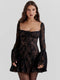 Ladies Elegant Square Neck Lace-Up Mini Dress – Sexy Backless Long Sleeve Patchwork Outfit