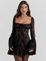Ladies Elegant Square Neck Lace-Up Mini Dress – Sexy Backless Long Sleeve Patchwork Outfit