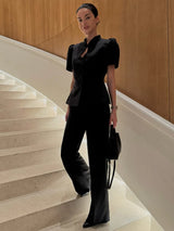 Women’s Stand Collar Short Puff Sleeve Blazer Shirt – Solid Black Single Breasted Blouse