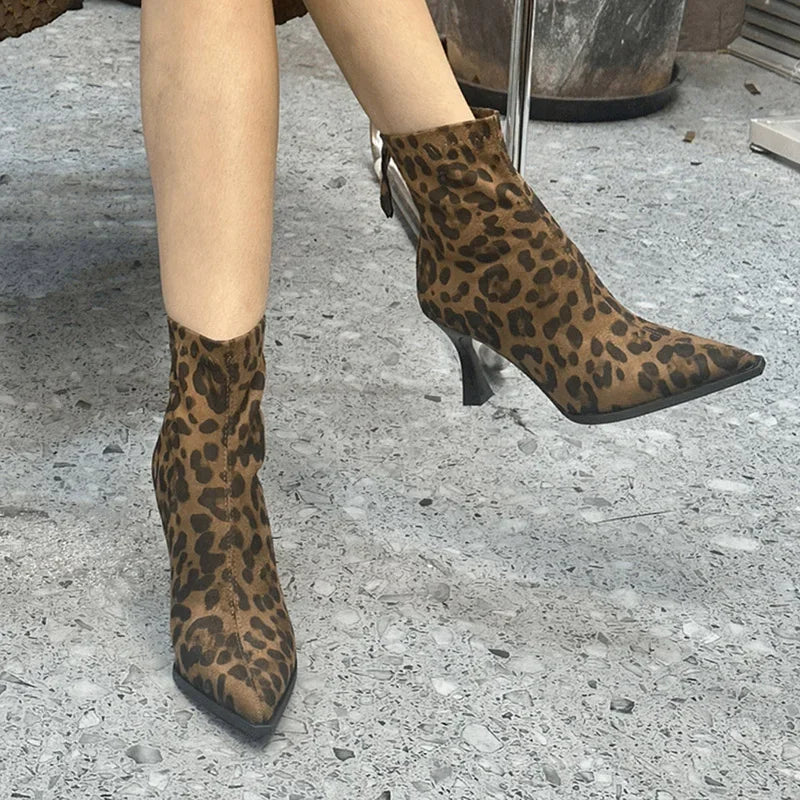 Leopardenmuster Damen-Stiefeletten – Modische Elegante Tanzparty High Heel Stiefeletten