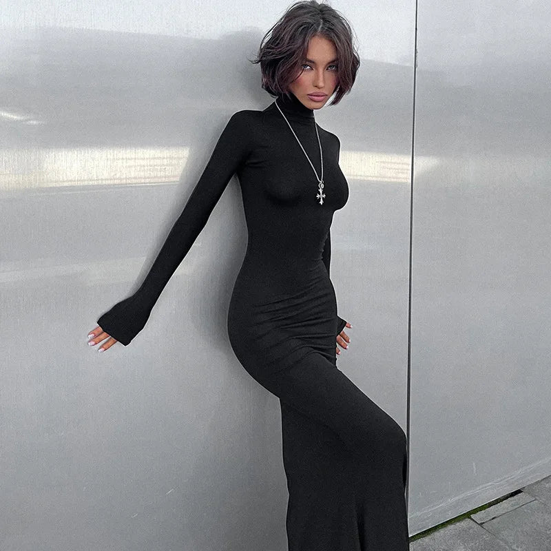 Herbst-Winter-Rollkragen-Maxikleid – Elegantes langes Etuikleid in Schwarz