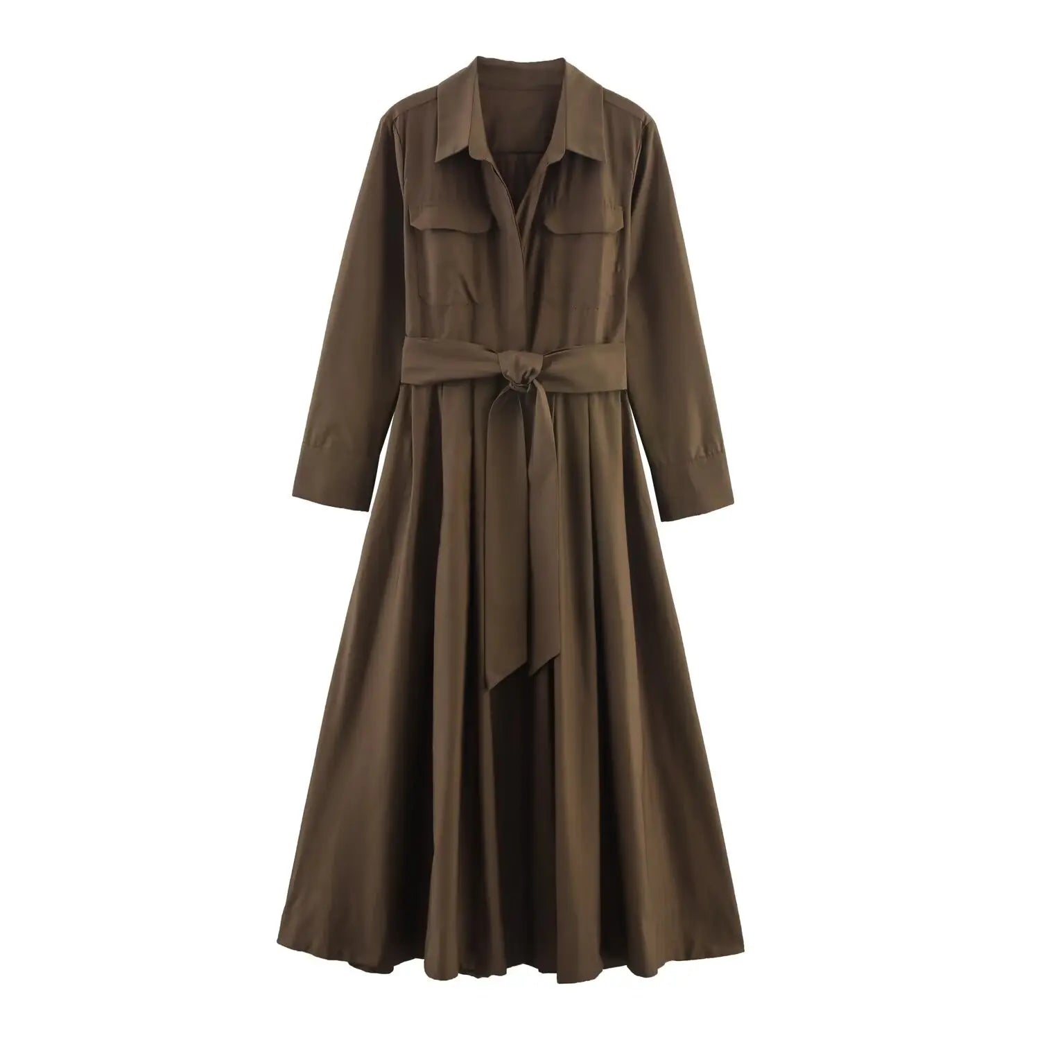 Elegantes Hemdkleid mit Reverskragen, Gürtel, langen Ärmeln, Einreiher, Herbst, Maxi