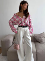 Women’s Elegant Patchwork Lapel Top, Loose Contrast Long Sleeve Pink Shirt