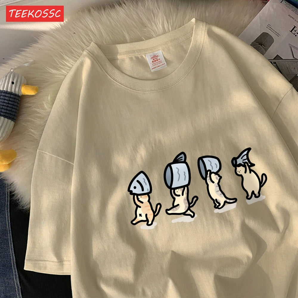Cute Cats Holding Fish Cotton T-Shirt | Women's Funny Cartoon Graphic Tee