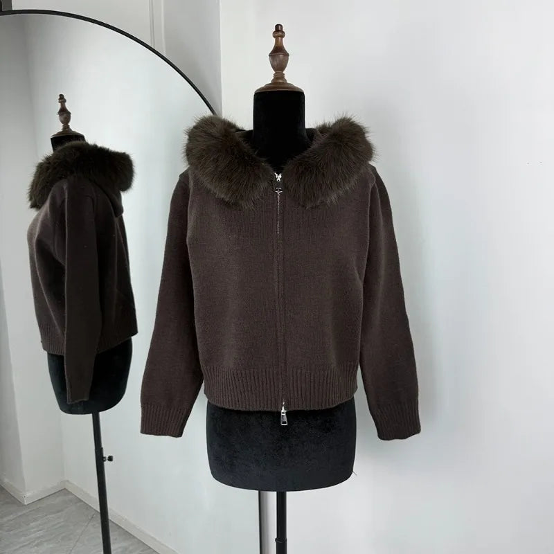 Women’s Winter Fluffy Hoodie Cardigan – Zipper Patchwork Knit Jacket