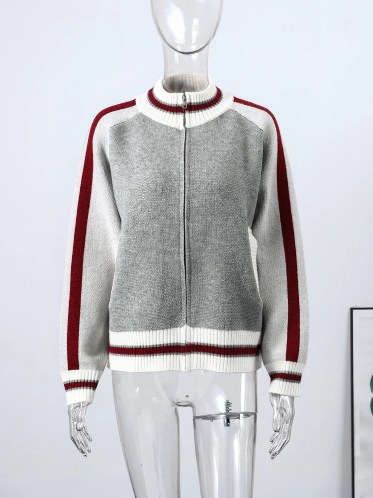 The Heritage Zip: Gray Striped Stand-Collar Knit Jacket – Modern Preppy Loose-Fit Sweater Coat