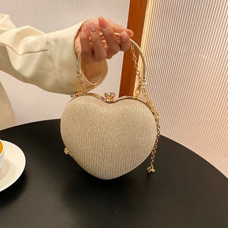 Luxury Heart-Shape Metal Evening Clutch | Shiny Fashion Chain Shoulder Bag