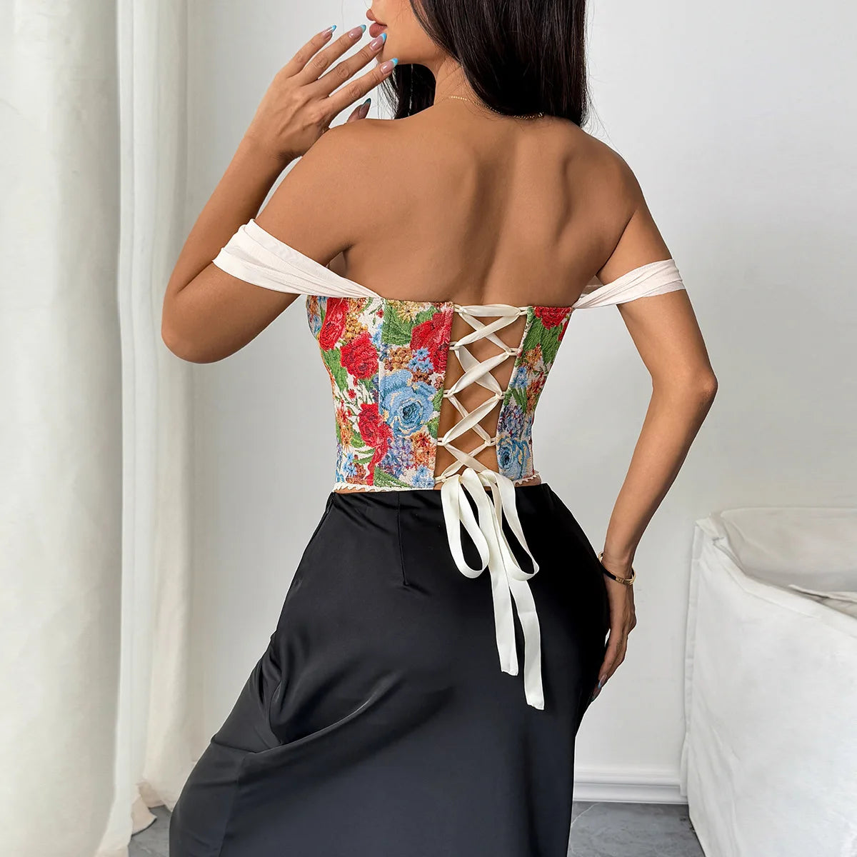 Damen Royal Style Korsett-Top mit Blumendruck | Sexy Kreuz-Bandage-Bustier