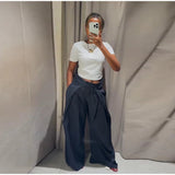Damen lässige gestreifte weite Hose – High Waist plissierte gerade Hose