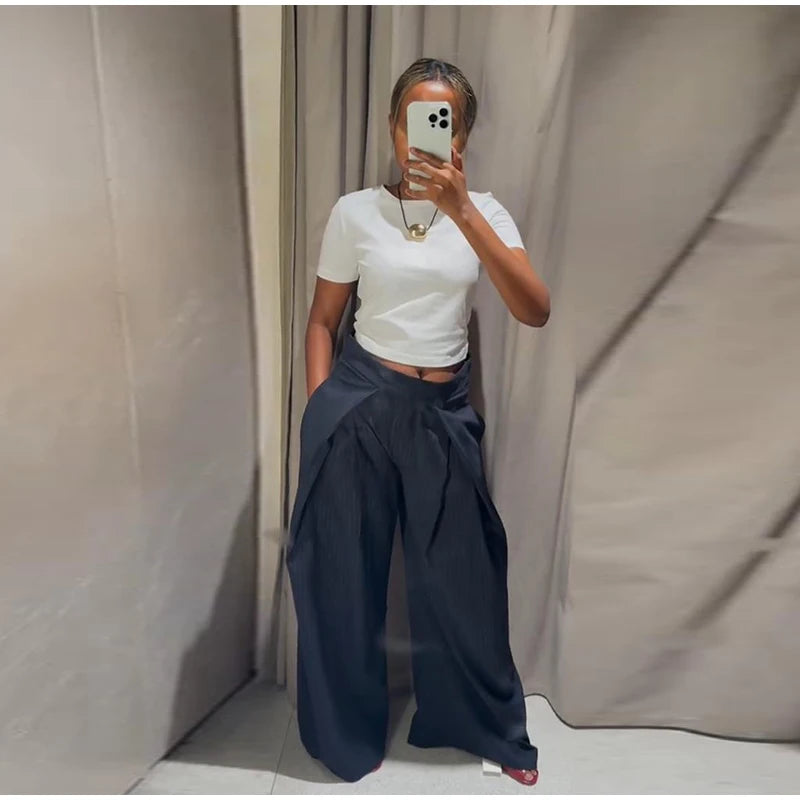 Damen lässige gestreifte weite Hose – High Waist plissierte gerade Hose