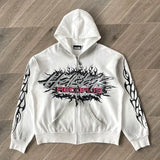 Hellstar HS Flame Glitter Zip-Up Hoodie – Beige Fleece Unisex Sweatshirt