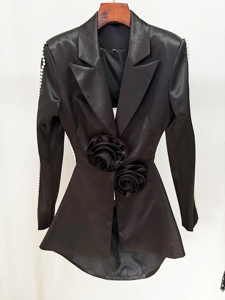 Damen-Blazer mit Cut-Out-Blumenapplikationen und Perlenbesatz – Elegantes Set mit weiter Hose aus Gaze