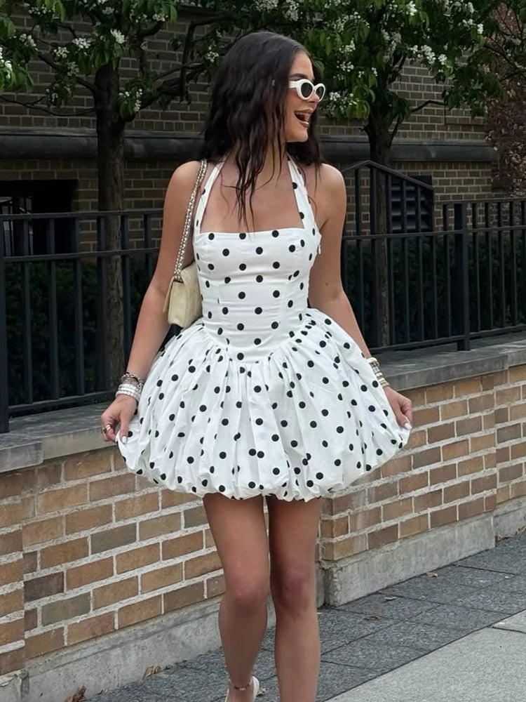 Damen Polka Dot Urlaub Mini-Kleid – Hoch tailliertes weißes A-Linien-Ballkleid