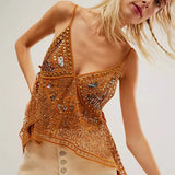 Women’s Y2K Sequin Mesh Tank Top – Glitter Floral Embroidered Cami