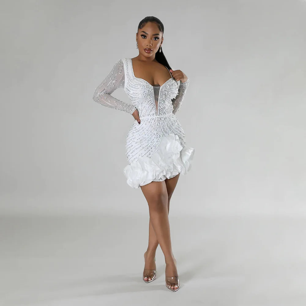 Sexy Langarm Rüschen Minikleid – Glitzerndes Hot-Drilling- & Perlenbesetztes Geburtstagskleid