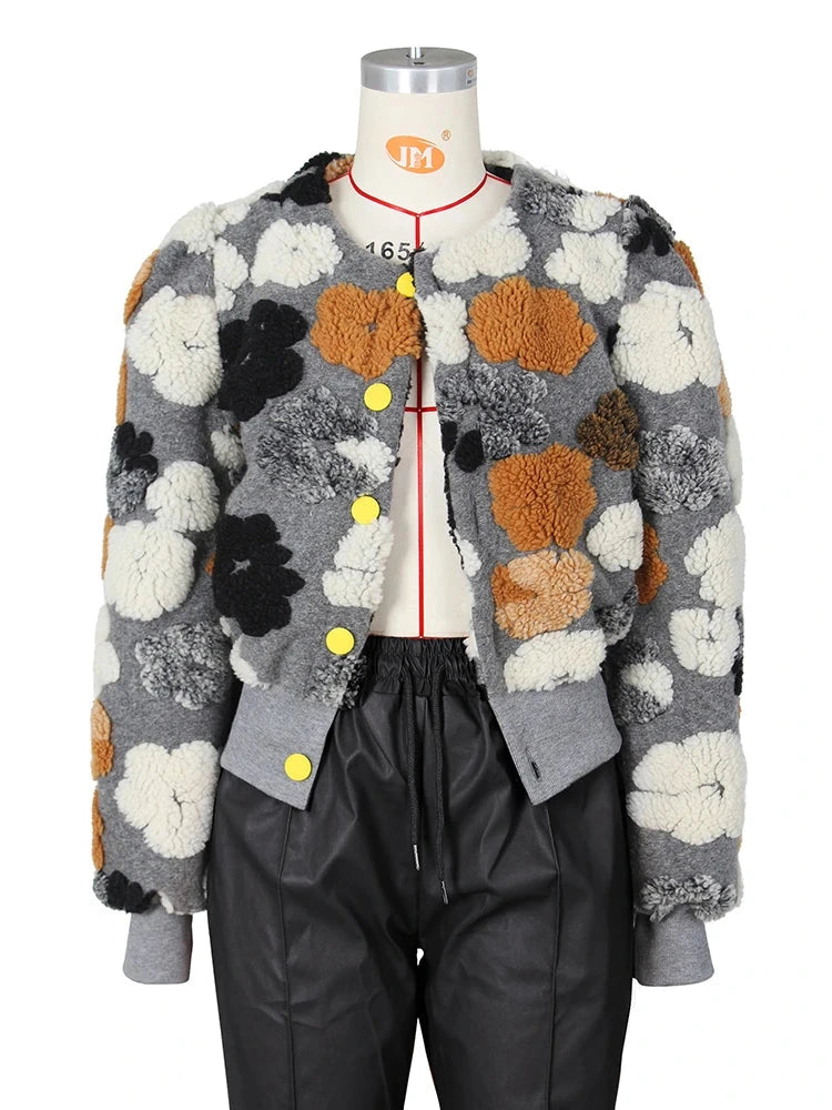 The Botanical Bloom: 3D Blumen-Patchwork-Jacke – Luxuriöser strukturierter Puffärmel-Mantel