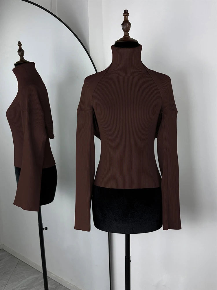 2-Piece Knitted Set for Women – Turtleneck Sleeveless Vest & Long Sleeve Bolero Shawl