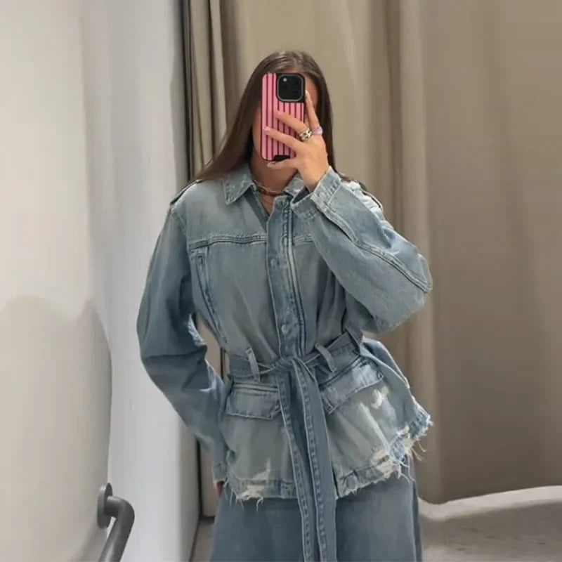 Blue Belted Denim Jacket for Women | Lace-Up Full Sleeve Lapel Coat