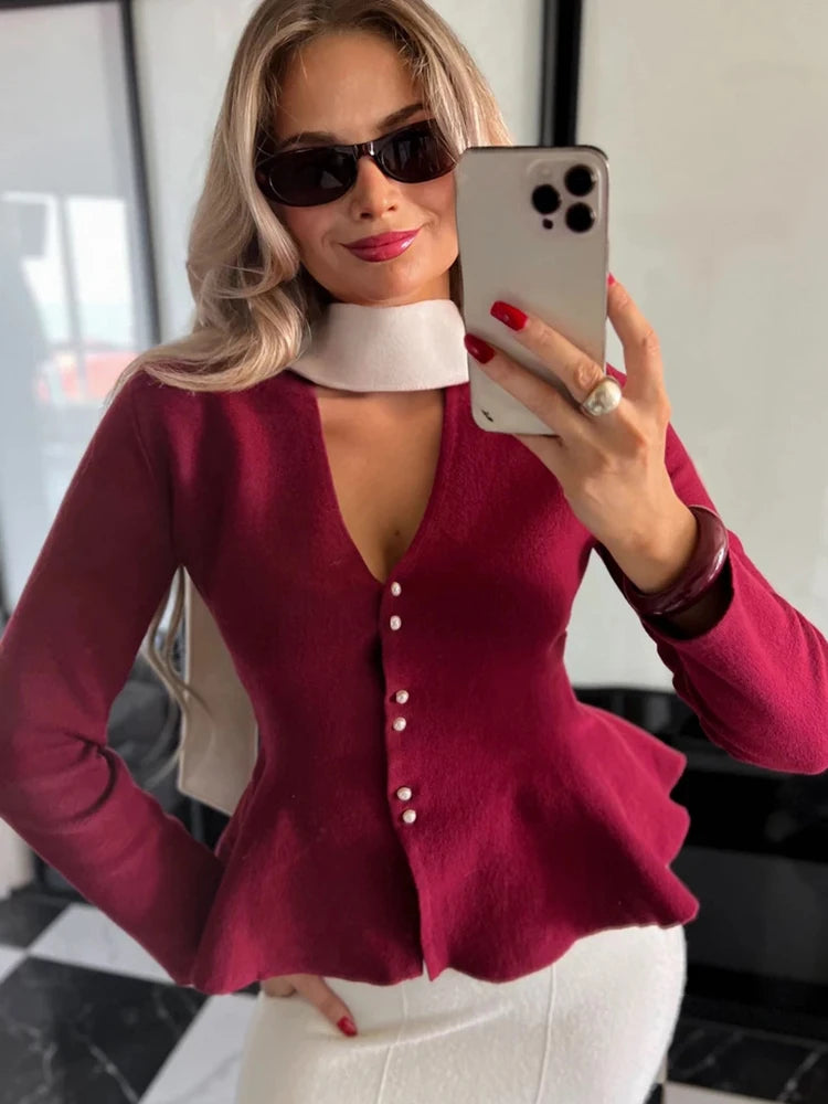Women’s Ruffled Knit Cardigan – Elegant V-Neck Slim Fit Sweater