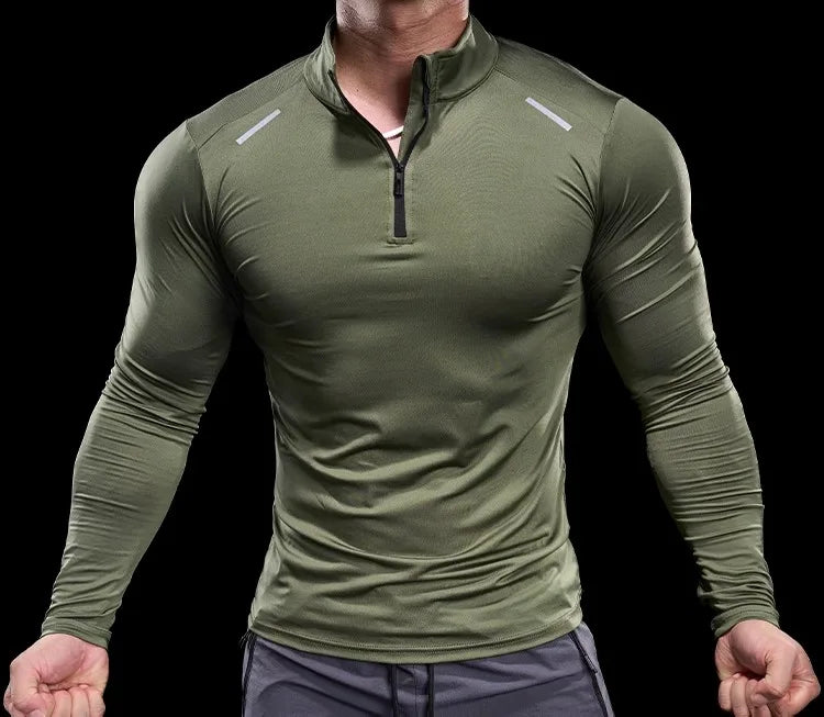 Herren Langarm-Stehkragen-Trainingsshirt mit halbem Reißverschluss
