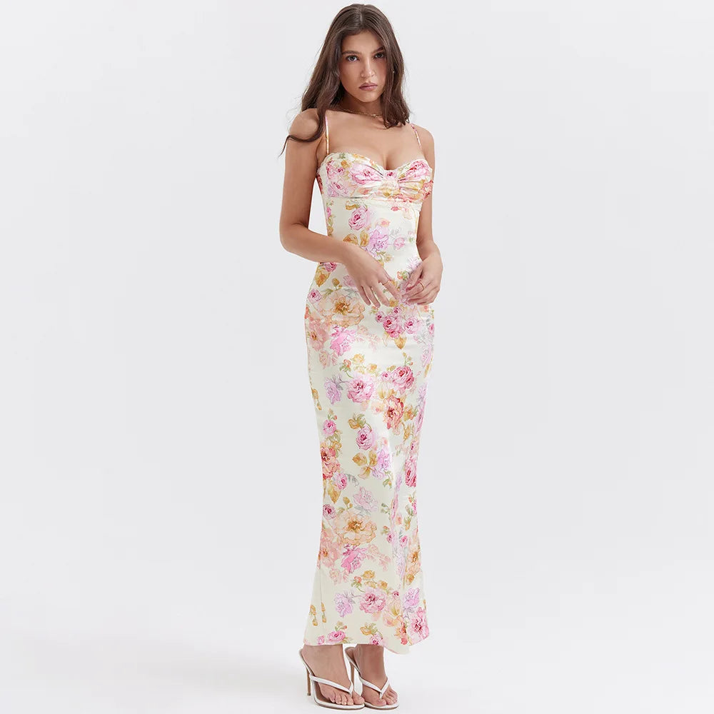 Women's Elegant Floral Print Spaghetti Strap Maxi Dress