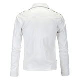 Men’s Slim Fit White Leather Jacket – Oblique Zipper Motorcycle Moto Biker Coat