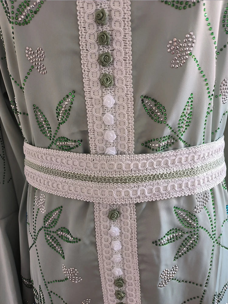 The "Emerald" Royal Abaya: Stunning Diamond-Accented Turkish Gown with Intricate Lace Belt
