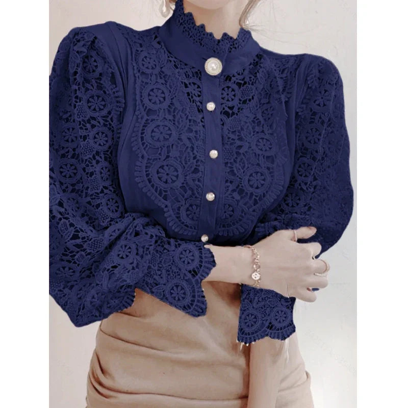 Women’s High Neck Long Sleeve Lace Blouse | Elegant Hollow Paneled Sleeve Top