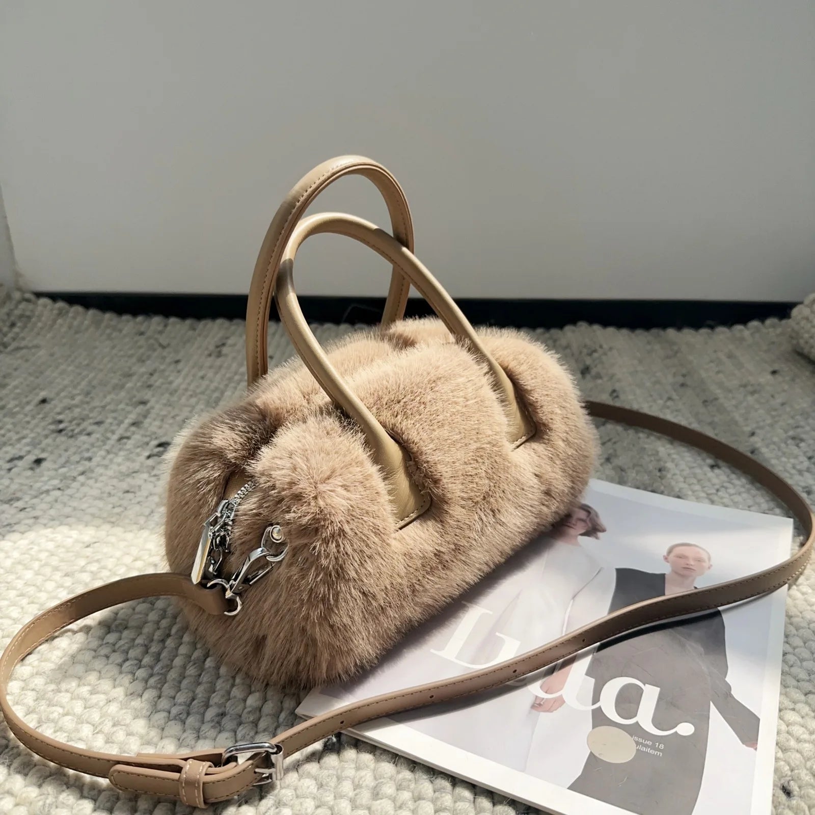 Women’s Faux Fur Small Box Tote – Luxury Plush Crossbody Bag