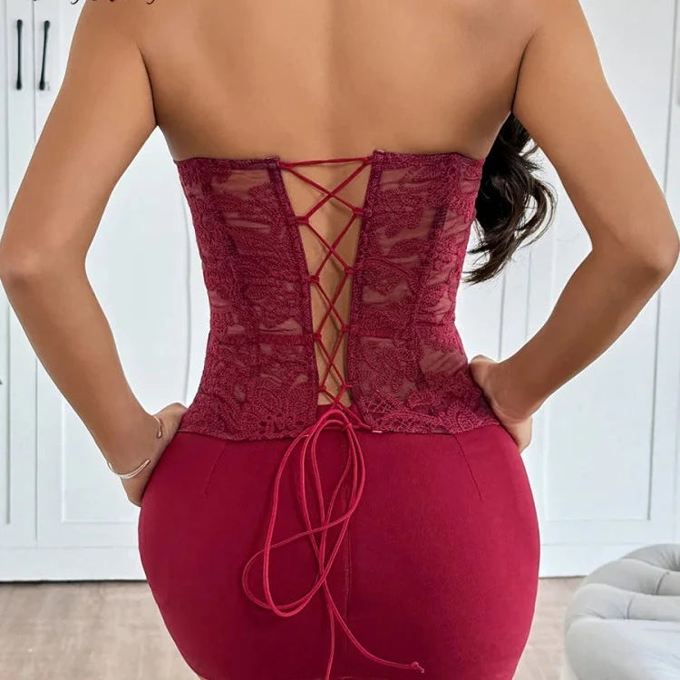 The "L'Amour" French Lace-Up Corset | Floral Embroidery Strapless Top