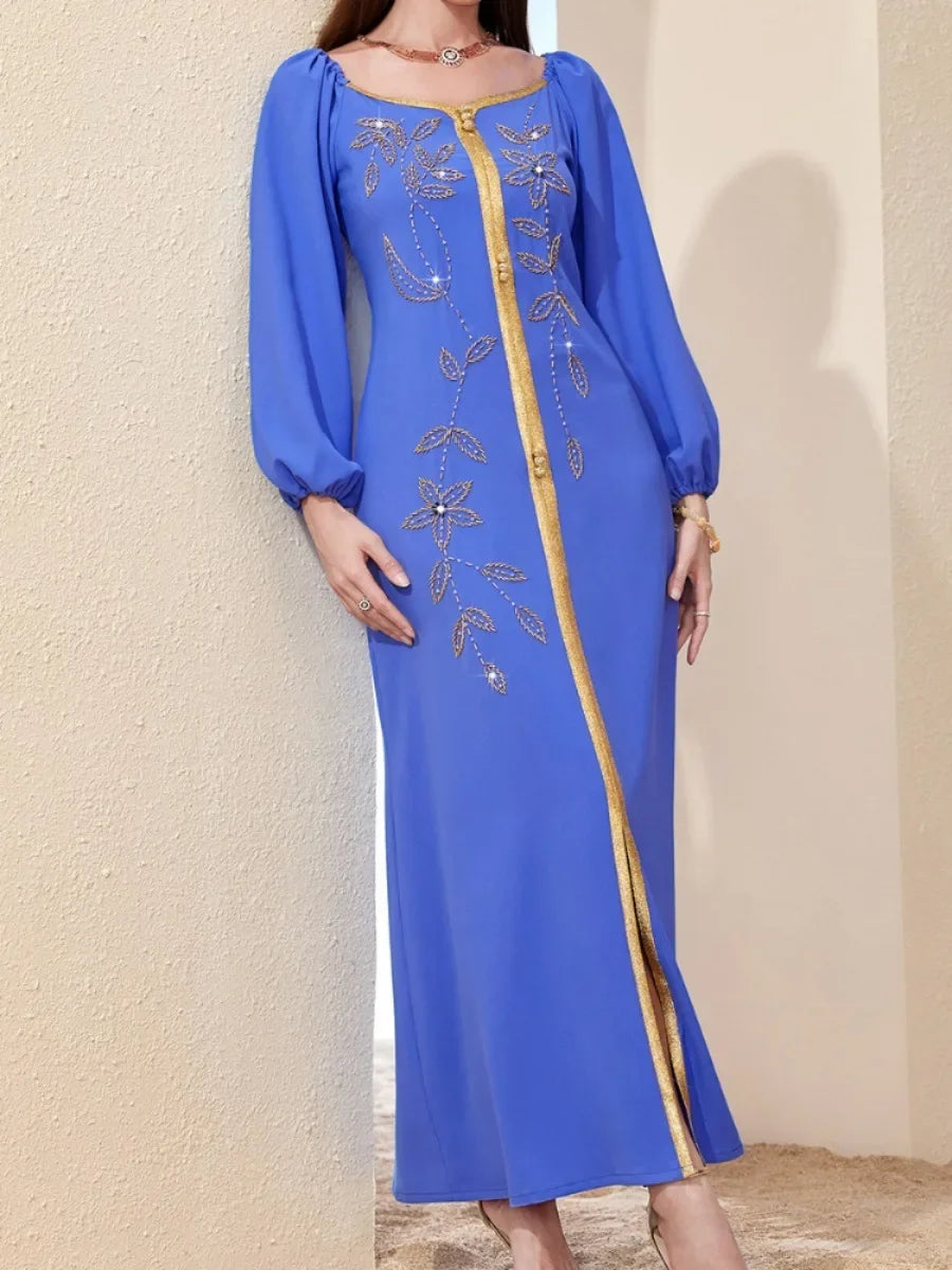 Muslim Dress Caftan with Embroidery – Lantern Sleeve Bandage Dress