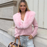 Eleganter Kunstpelzmantel für Damen – Warme, gepolsterte, schmal geschnittene Strickjacke, langärmelige Winterjacke mit Kragen