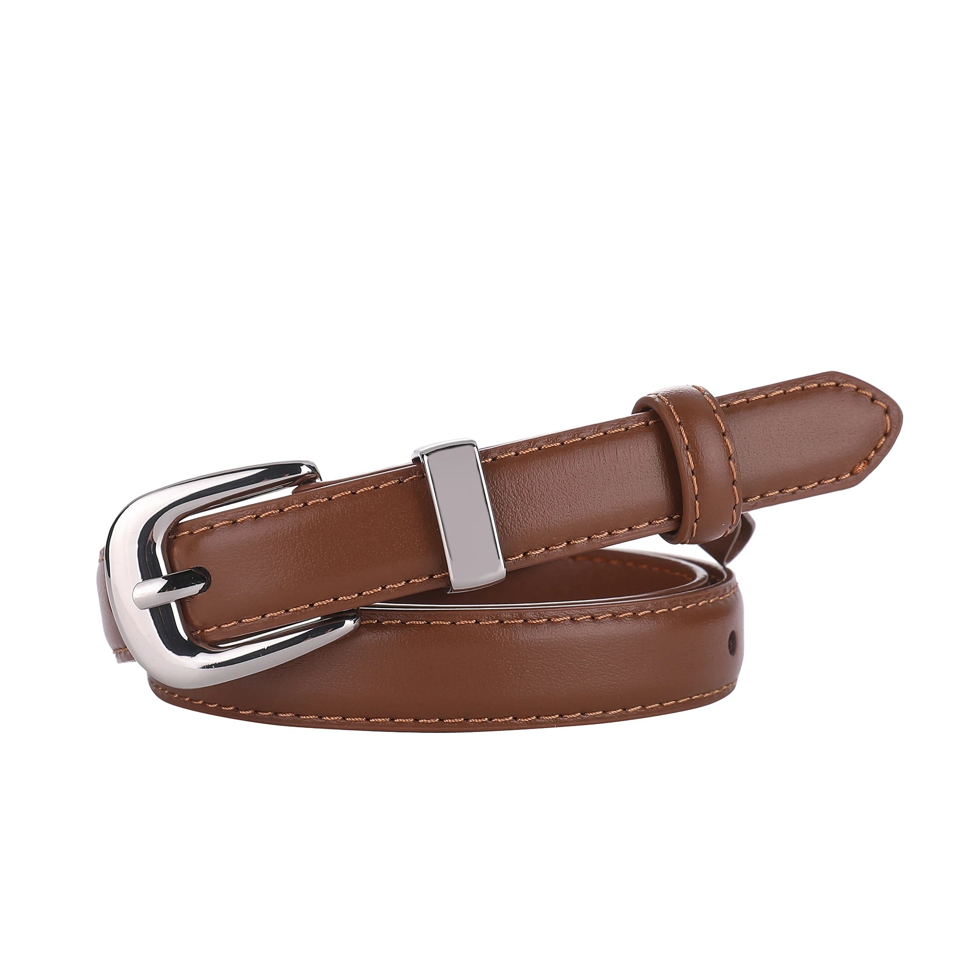 Women's Classy Skinny Belt – Bonded Leather Casual Waistband with Shiny Metal Buckle