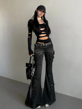 Acubi Fashion Black Flare Jeans for Women | Retro Whiskers Low-Rise Cargo Pants