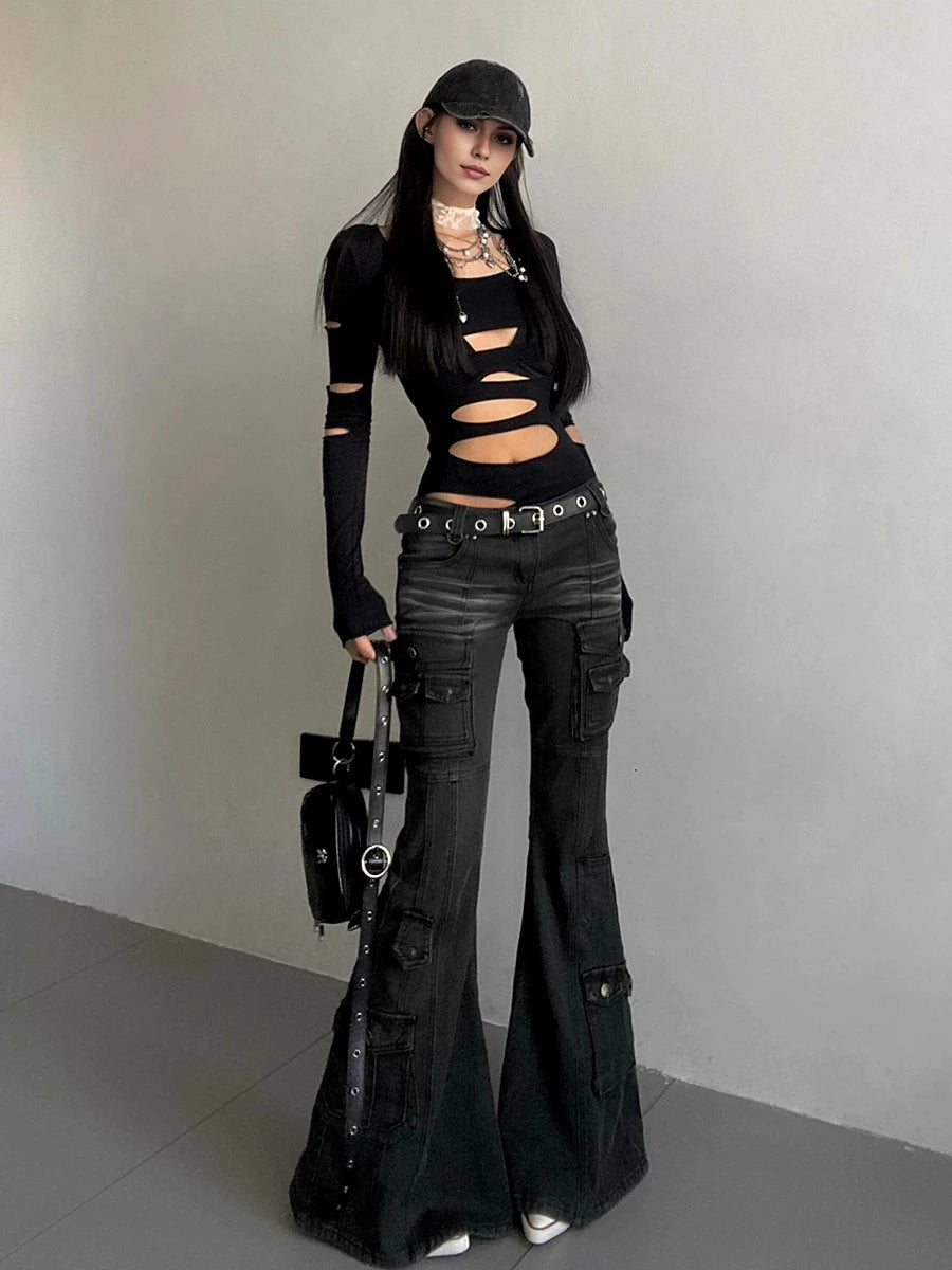Acubi Fashion Black Flare Jeans for Women | Retro Whiskers Low-Rise Cargo Pants