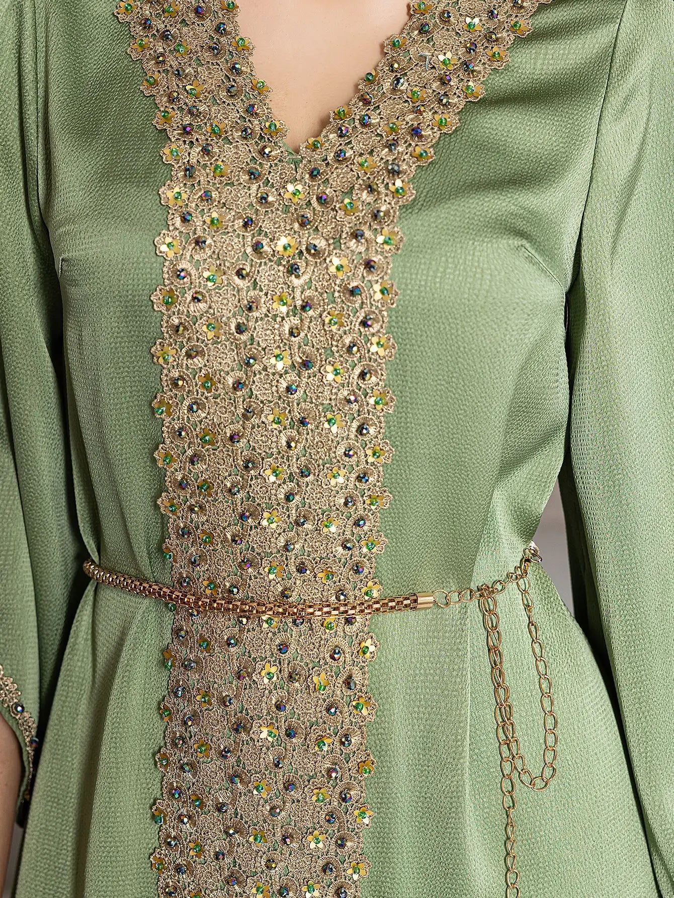 The "Emerald Lace" Gown – Signature Diamond & Beading Long Robe – Luxury Morocco Party Kaftan