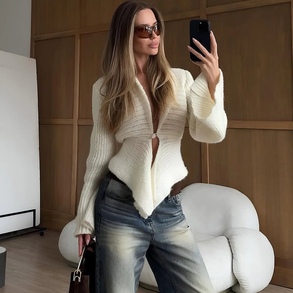 Damen Vintage Herbst Strick-Cardigan mit Aushöhlung – Eleganter weißer Langarm-Pullover
