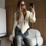Damen Vintage Herbst Strick-Cardigan mit Aushöhlung – Eleganter weißer Langarm-Pullover