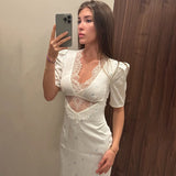 Damen Sexy Hohlspitze Kleid – Elegantes Kurzarm-Kleid mit Druck, hoher Taille und schmaler Passform für Sommerpartys
