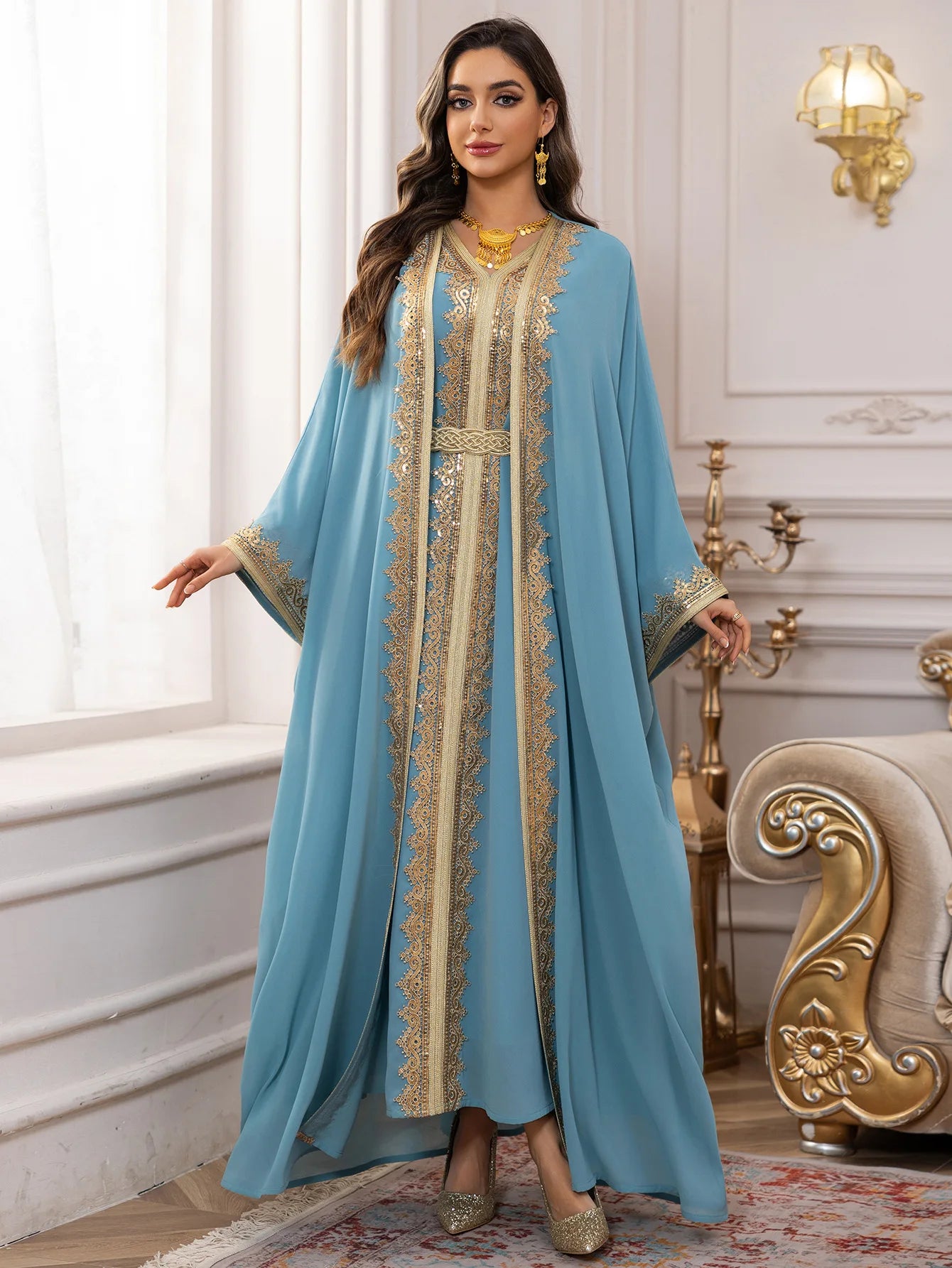 Muslim Women’s Open Cardigan with Inner Dress 2-Piece Set
